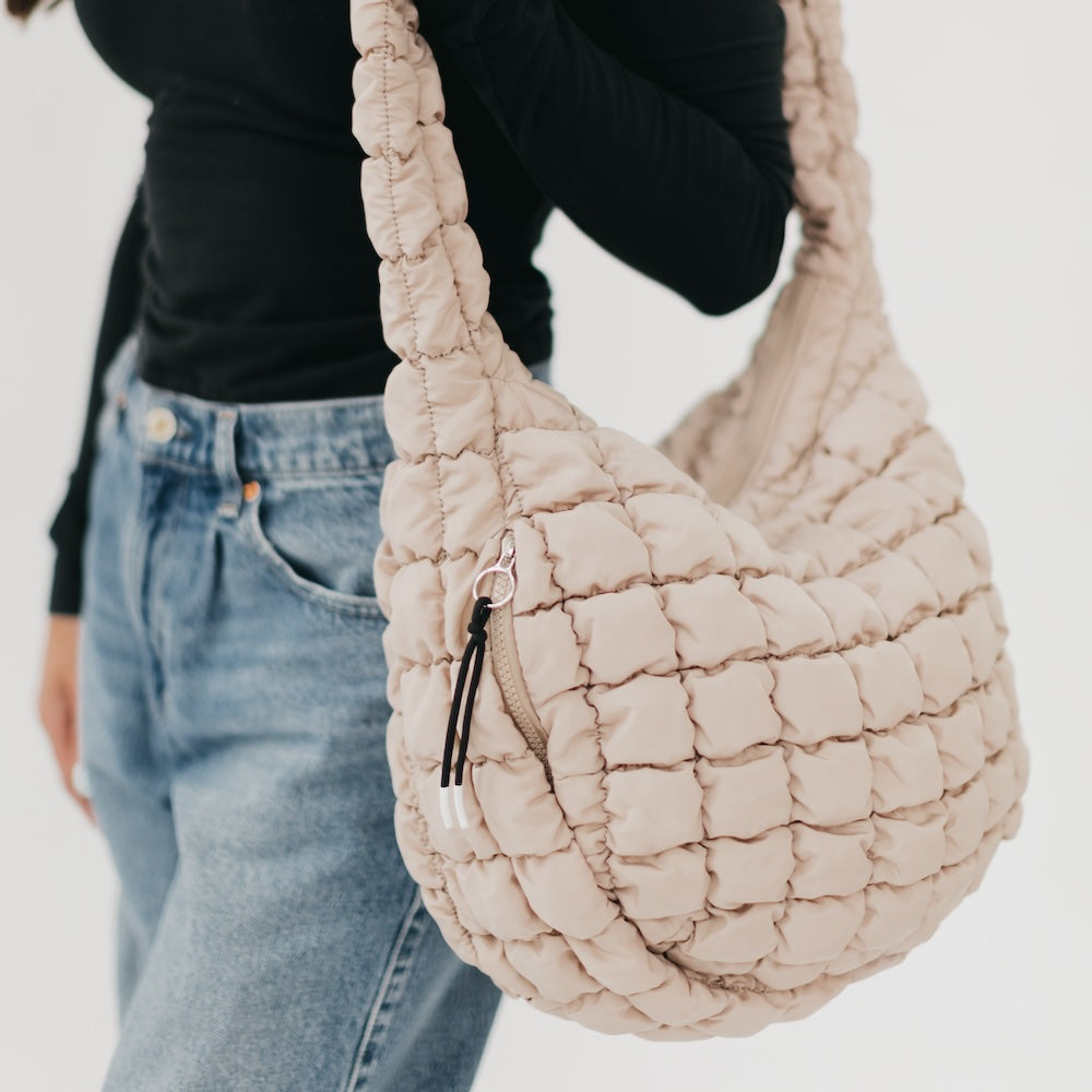 The Carmen Taupe Quilted Hobo Tote Bag