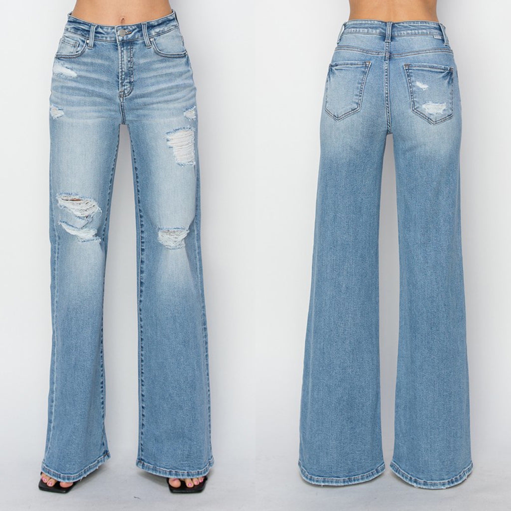 Broken Rules Risen Distressed High Rise Wide Leg Denim