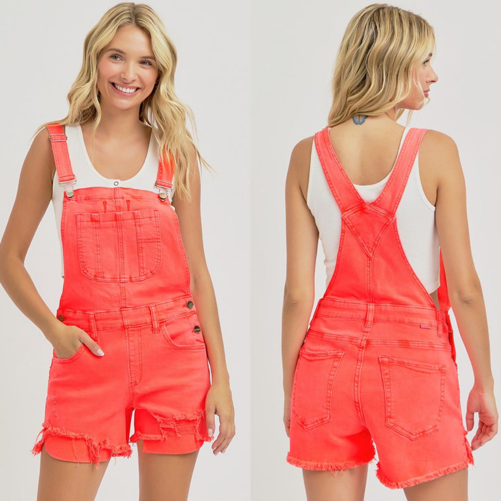 Hype Girl Neon Coral Risen Denim Short Overalls