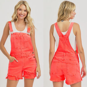 Hype Girl Neon Coral Risen Denim Short Overalls