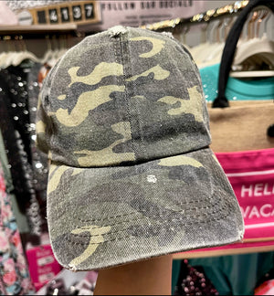 Olive Camo Print Distressed Hat