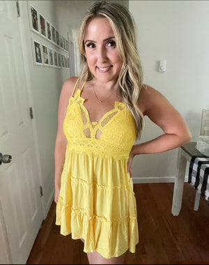 Summer Yellow Crochet Lace Ruffle Cami Dress W/ Removable Bra Pad