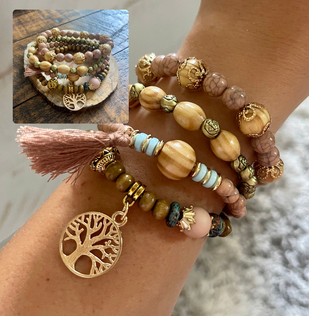 Boho Brown Tree Of Life Statement Bracelet Stack