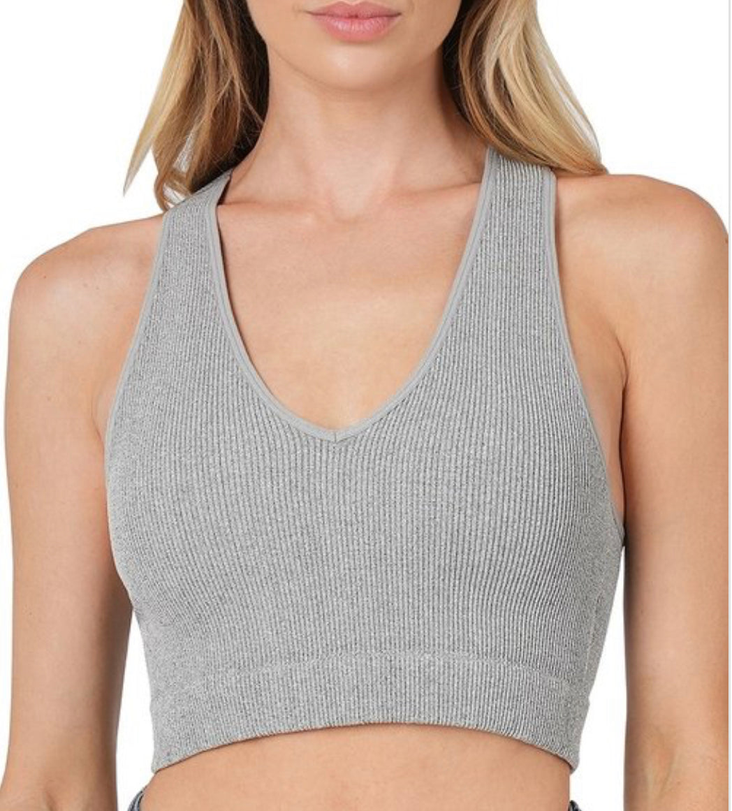 Heather Grey Ribbed Cropped Racerback Tank