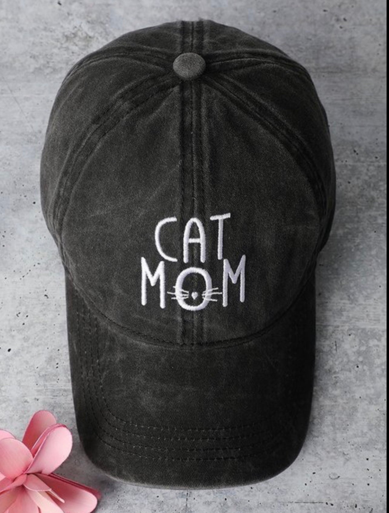 CAT MOM Embroidered Black Washed Hat