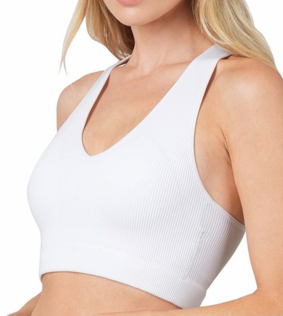 White Ribbed Cropped Racerback Tank