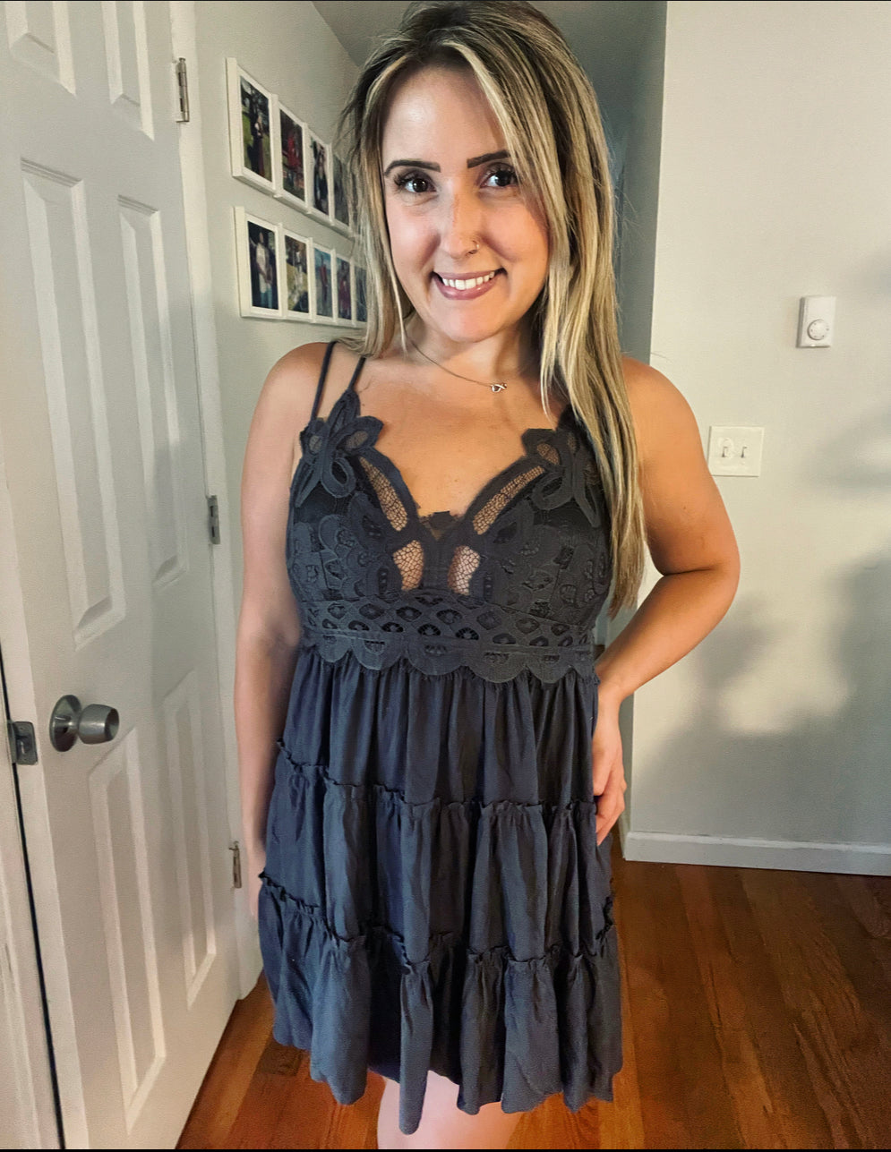 Ash Grey Crochet Lace Ruffle Cami Dress W/ Removable Bra Pad