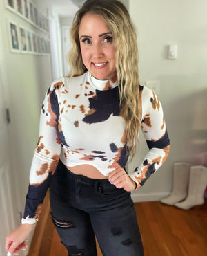 Giddy Up Cow Print Cropped Long Sleeve Top