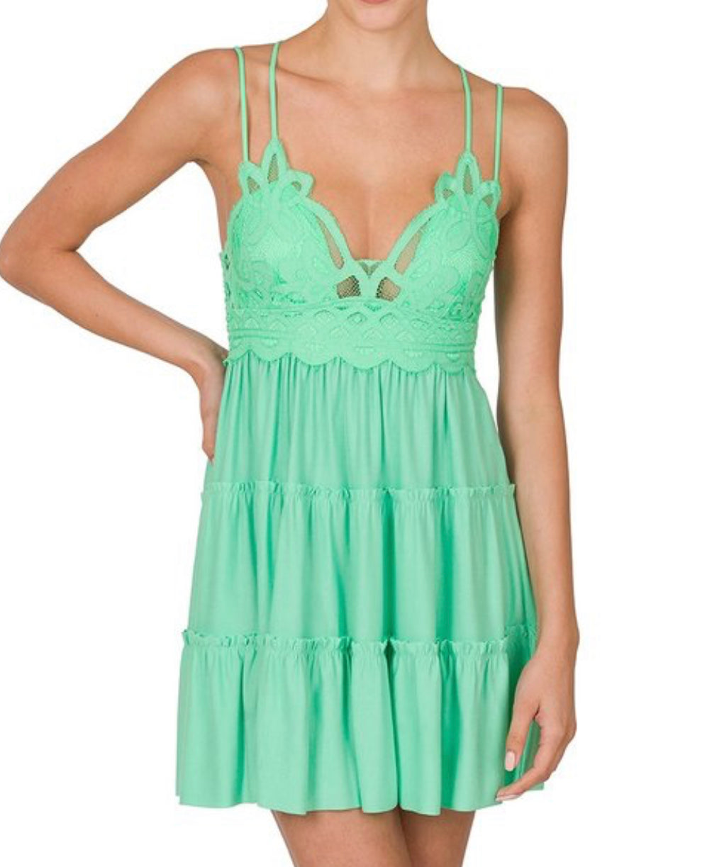 Green Mint Crochet Lace Ruffle Cami Dress W/ Removable Bra Pad