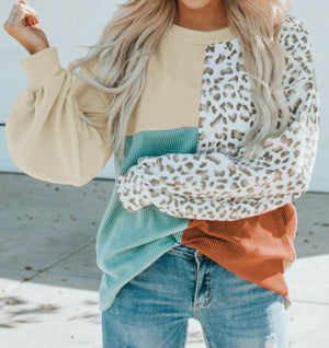 PREORDER Leopard Color Block Patchwork Long Sleeve Top