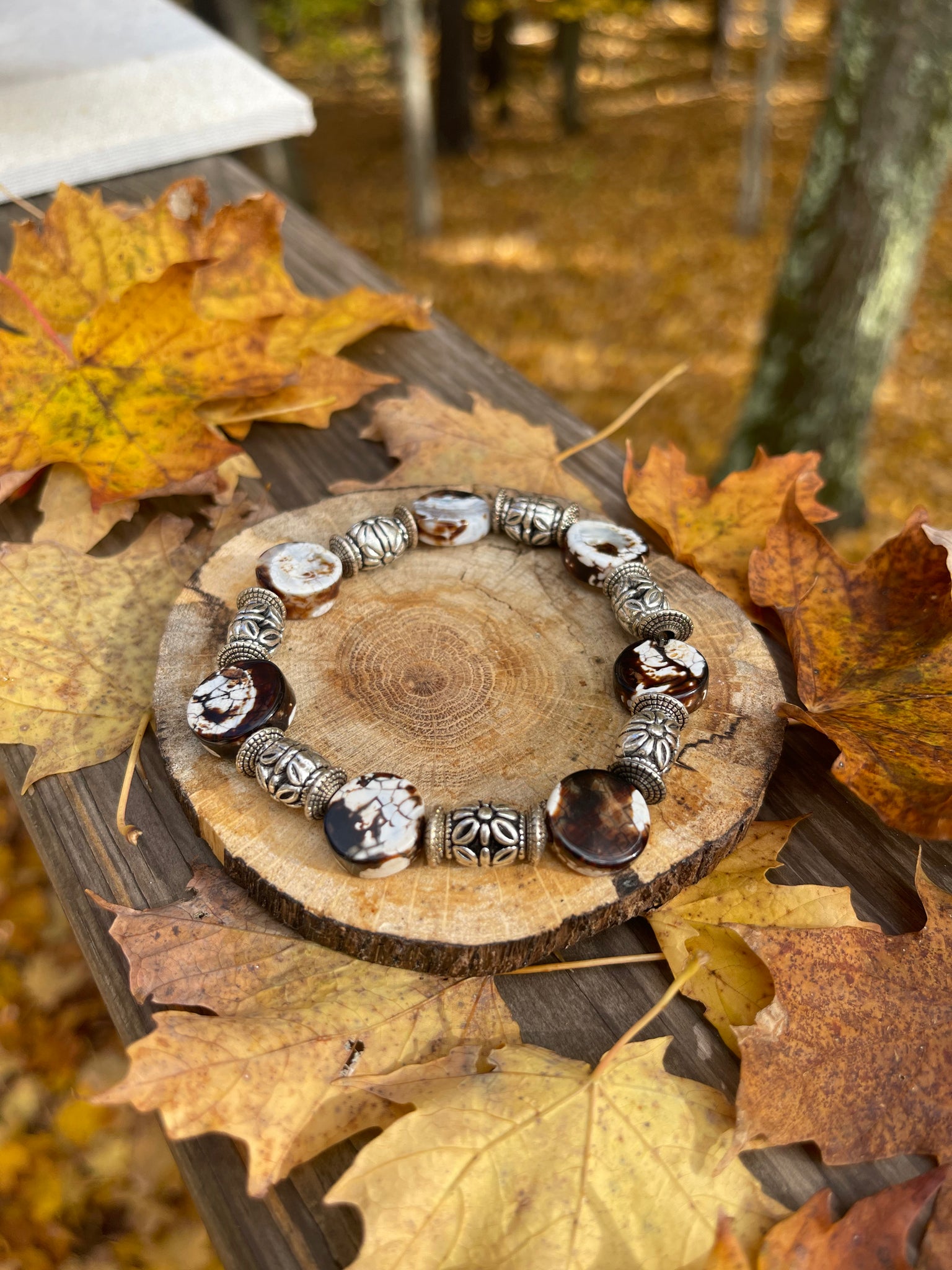 Brown & Silver Elastic Beaded Bracelet