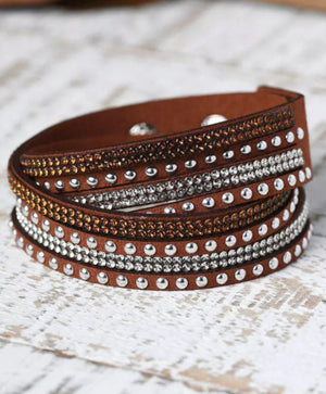 Brown Rivet Rhinestone Multilayer Cuff Bracelet