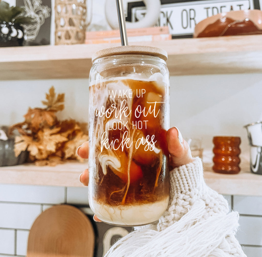 Wake Up Work Out Glass Tumbler Cup With Bamboo Lid