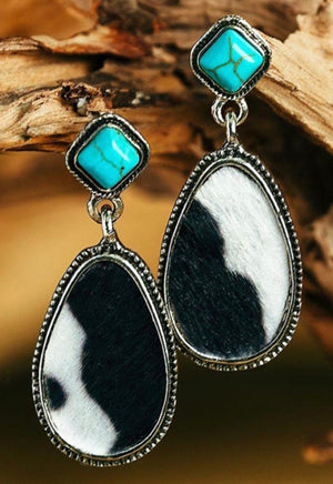 Turquoise Cow Print Dangle Western Earrings