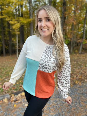 PREORDER Leopard Color Block Patchwork Long Sleeve Top