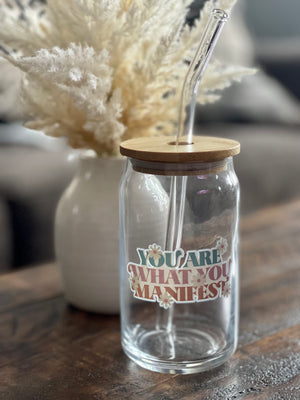 You Are What You Manifest Glass Tumbler Cup With Bamboo Lid