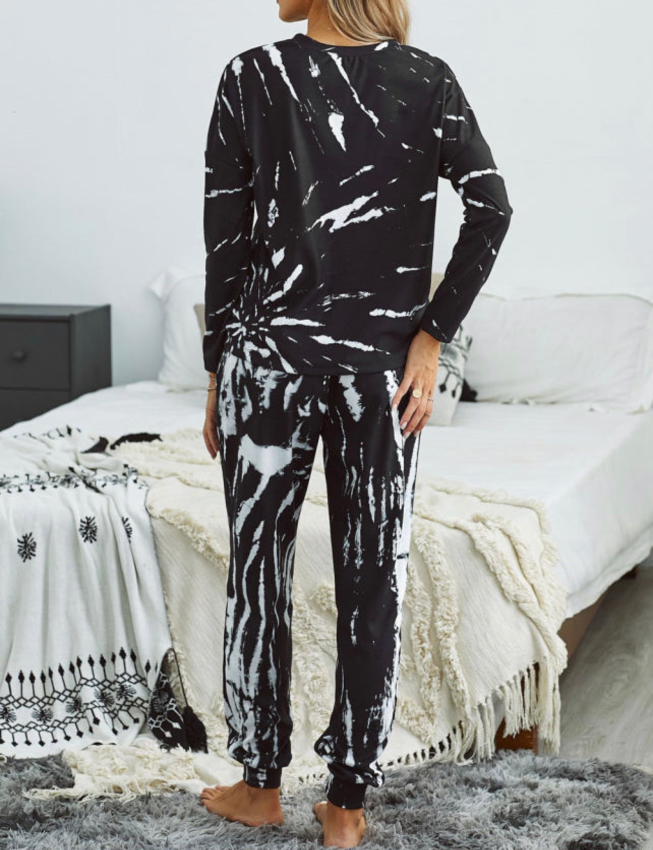 Black Tie Dye Knit Long Sleeve Lounge Set