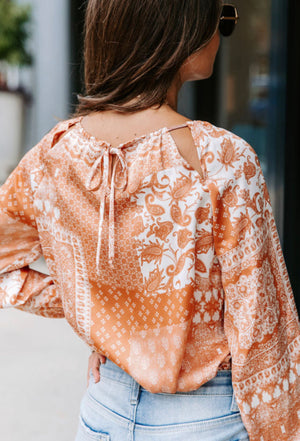 Orange BOHO Printed Drawstring Round Neck Blouse