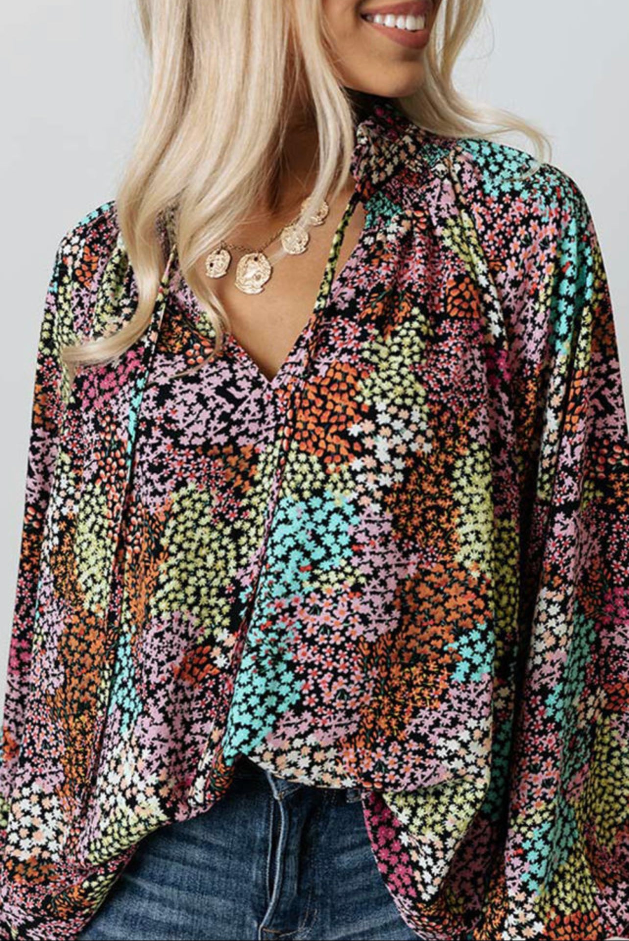 MultiColor Vibrant Floral Puff Sleeve Blouse
