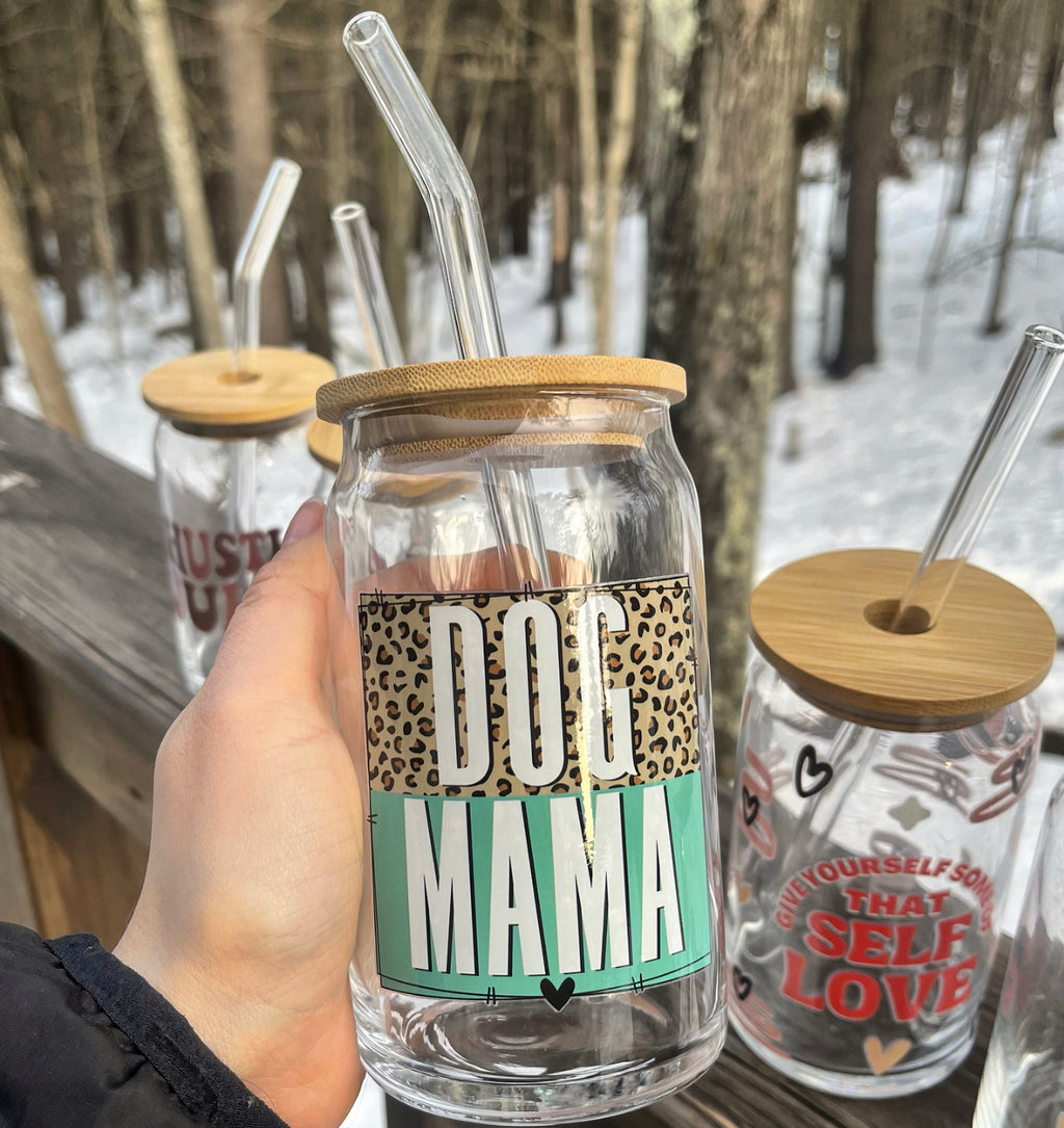Dog Mama Leopard Glass Tumbler Cup With Bamboo Lid